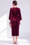 Burgundy Velvet Bodycon Boat Neck Midi Holiday Dress with Sleeves
