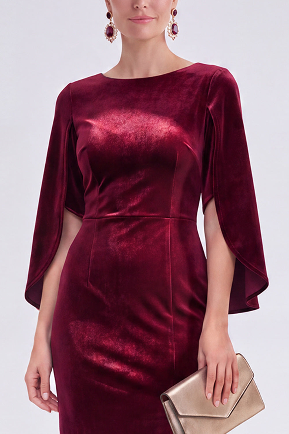 Burgundy Velvet Bodycon Boat Neck Midi Holiday Dress with Sleeves