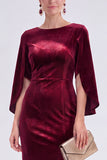 Burgundy Velvet Bodycon Boat Neck Midi Holiday Dress with Sleeves