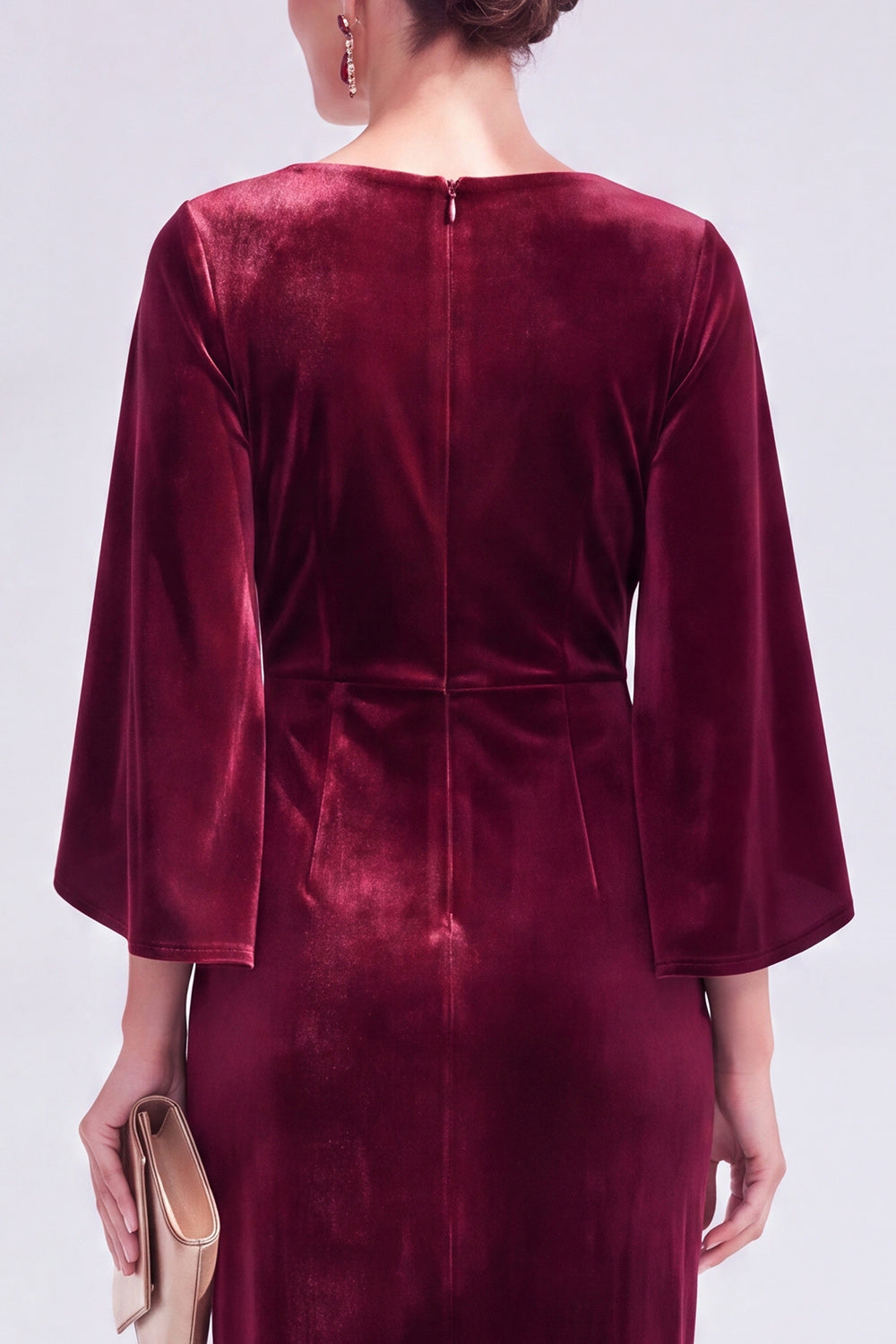 Burgundy Velvet Bodycon Boat Neck Midi Holiday Dress with Sleeves