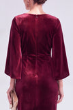 Burgundy Velvet Bodycon Boat Neck Midi Holiday Dress with Sleeves