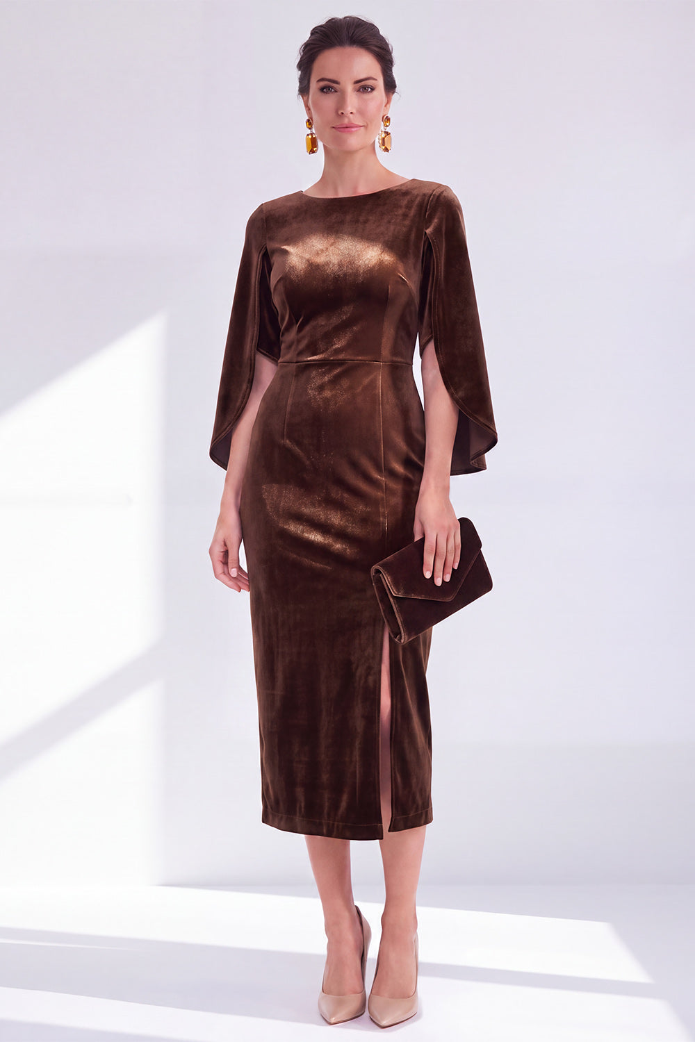 Burgundy Velvet Bodycon Boat Neck Midi Holiday Dress with Sleeves