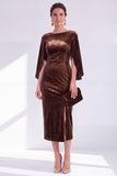 Burgundy Velvet Bodycon Boat Neck Midi Holiday Dress with Sleeves