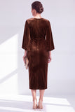 Burgundy Velvet Bodycon Boat Neck Midi Holiday Dress with Sleeves