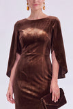 Burgundy Velvet Bodycon Boat Neck Midi Holiday Dress with Sleeves