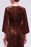 Burgundy Velvet Bodycon Boat Neck Midi Holiday Dress with Sleeves