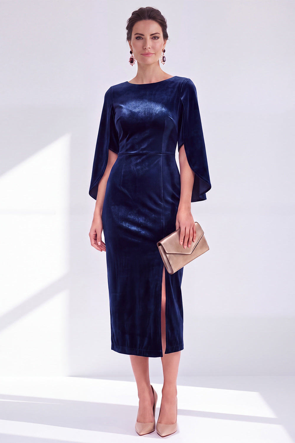 Burgundy Velvet Bodycon Boat Neck Midi Holiday Dress with Sleeves