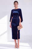 Burgundy Velvet Bodycon Boat Neck Midi Holiday Dress with Sleeves