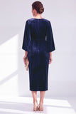 Burgundy Velvet Bodycon Boat Neck Midi Holiday Dress with Sleeves