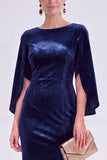 Burgundy Velvet Bodycon Boat Neck Midi Holiday Dress with Sleeves