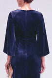 Burgundy Velvet Bodycon Boat Neck Midi Holiday Dress with Sleeves