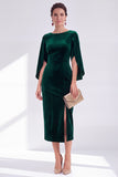 Burgundy Velvet Bodycon Boat Neck Midi Holiday Dress with Sleeves