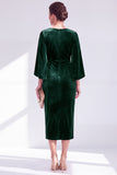 Burgundy Velvet Bodycon Boat Neck Midi Holiday Dress with Sleeves
