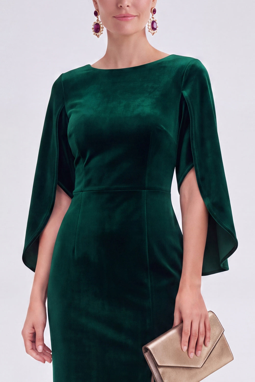 Burgundy Velvet Bodycon Boat Neck Midi Holiday Dress with Sleeves