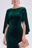 Burgundy Velvet Bodycon Boat Neck Midi Holiday Dress with Sleeves