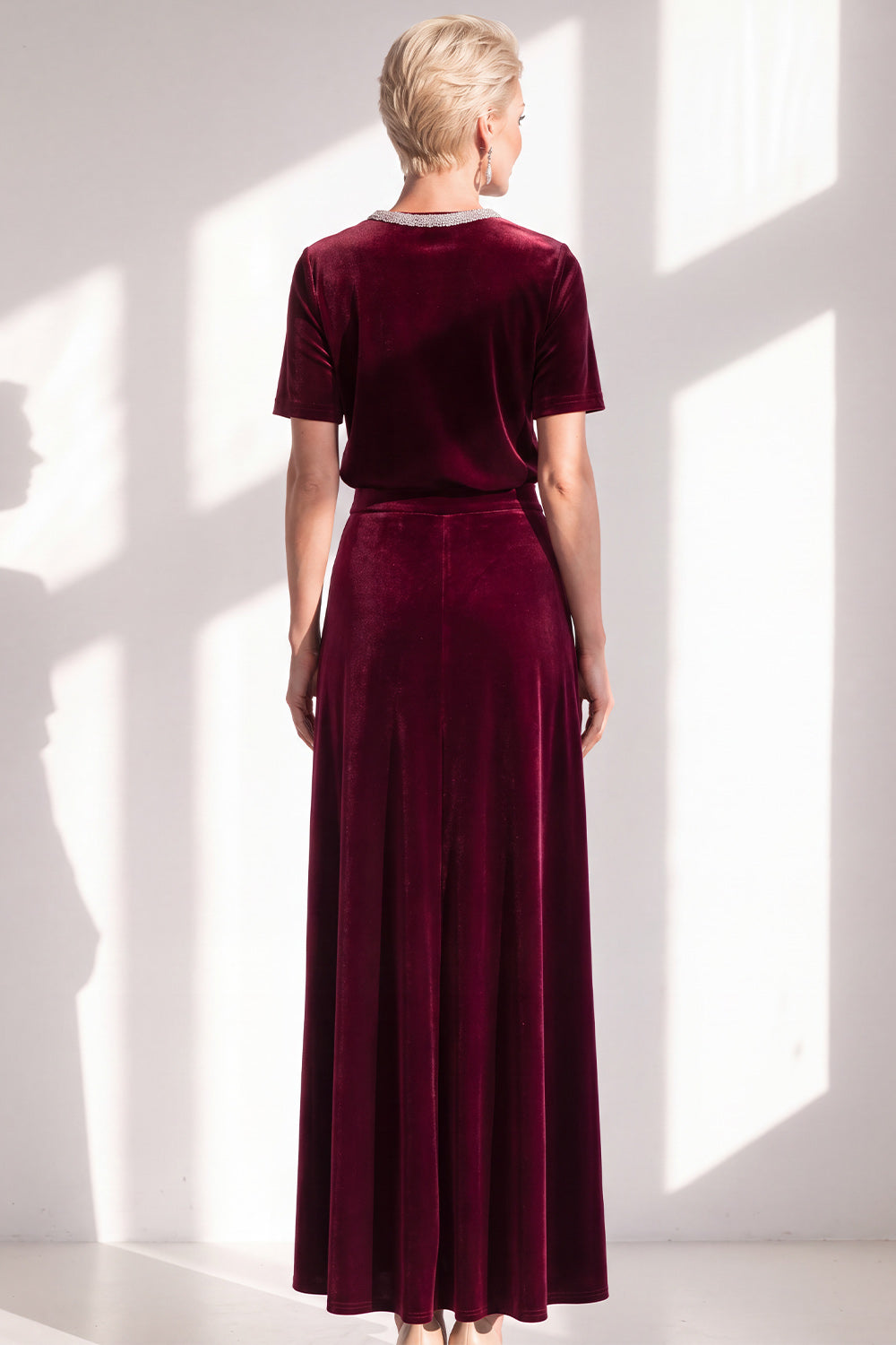 Coffee Velvet A Line Beaded Round Neck Maxi Holiday Dress with Sleeves