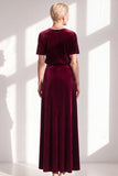 Coffee Velvet A Line Beaded Round Neck Maxi Holiday Dress with Sleeves