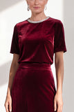 Coffee Velvet A Line Beaded Round Neck Maxi Holiday Dress with Sleeves