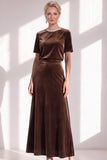 Coffee Velvet A Line Beaded Round Neck Maxi Holiday Dress with Sleeves