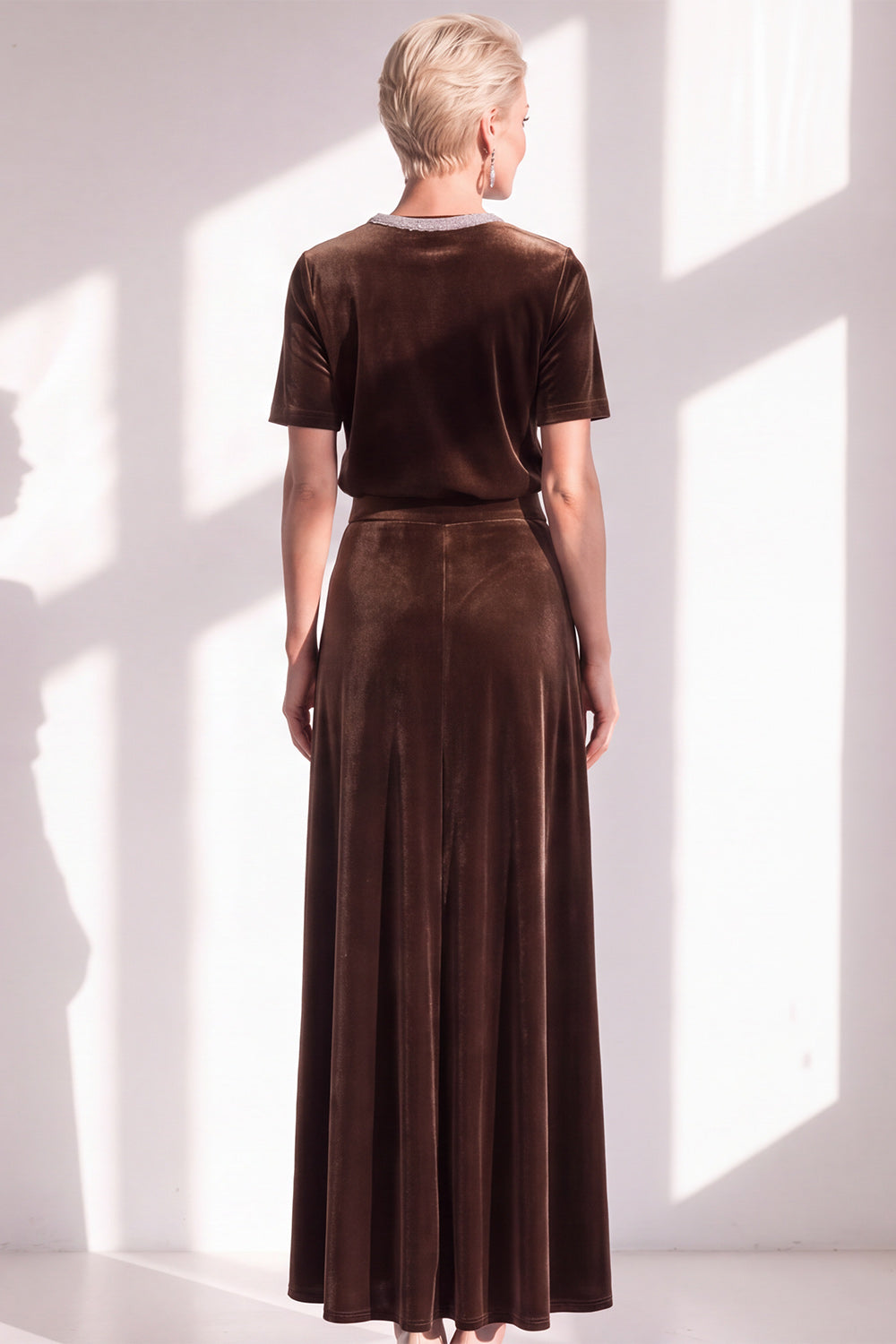 Coffee Velvet A Line Beaded Round Neck Maxi Holiday Dress with Sleeves