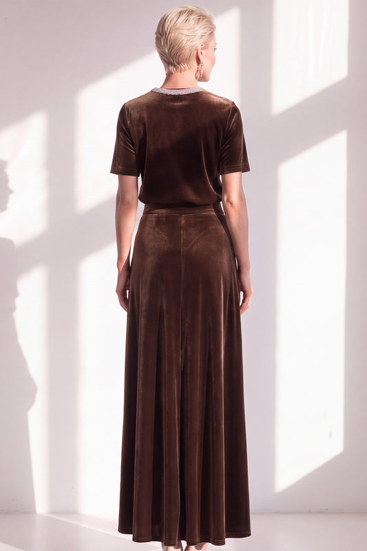 Coffee Velvet A Line Beaded Round Neck Maxi Holiday Dress with Sleeves