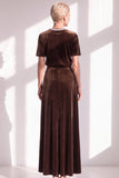 Coffee Velvet A Line Beaded Round Neck Maxi Holiday Dress with Sleeves