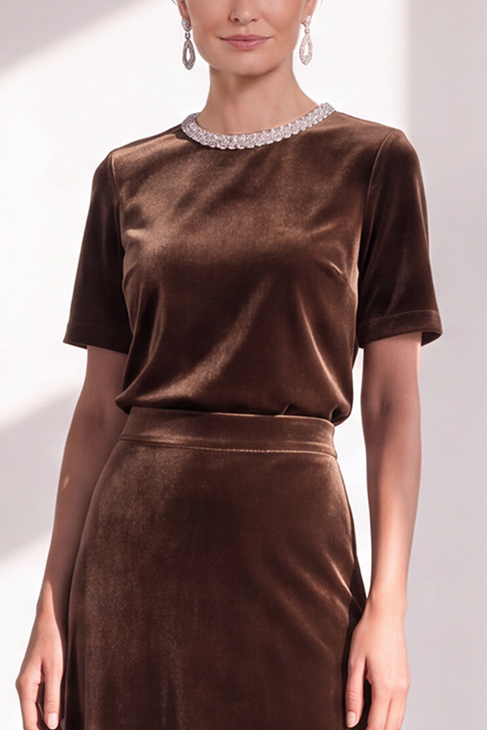 Coffee Velvet A Line Beaded Round Neck Maxi Holiday Dress with Sleeves