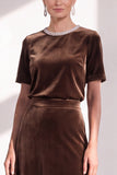 Coffee Velvet A Line Beaded Round Neck Maxi Holiday Dress with Sleeves