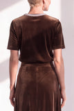 Coffee Velvet A Line Beaded Round Neck Maxi Holiday Dress with Sleeves