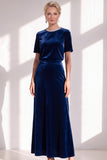 Coffee Velvet A Line Beaded Round Neck Maxi Holiday Dress with Sleeves