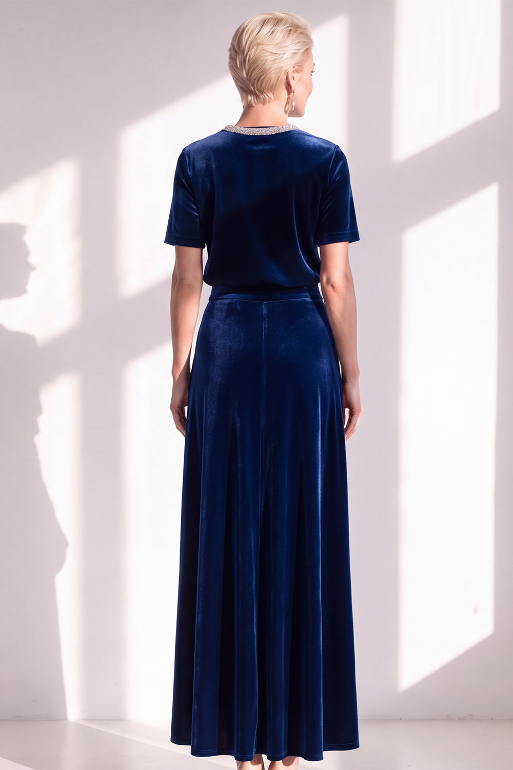 Coffee Velvet A Line Beaded Round Neck Maxi Holiday Dress with Sleeves