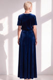 Coffee Velvet A Line Beaded Round Neck Maxi Holiday Dress with Sleeves