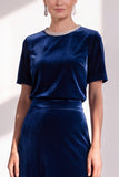 Coffee Velvet A Line Beaded Round Neck Maxi Holiday Dress with Sleeves