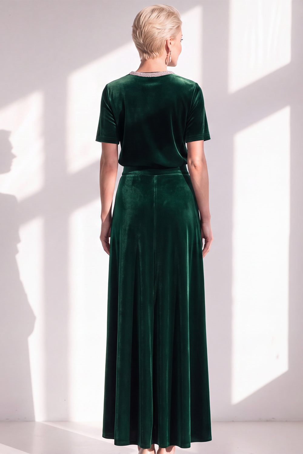 Coffee Velvet A Line Beaded Round Neck Maxi Holiday Dress with Sleeves