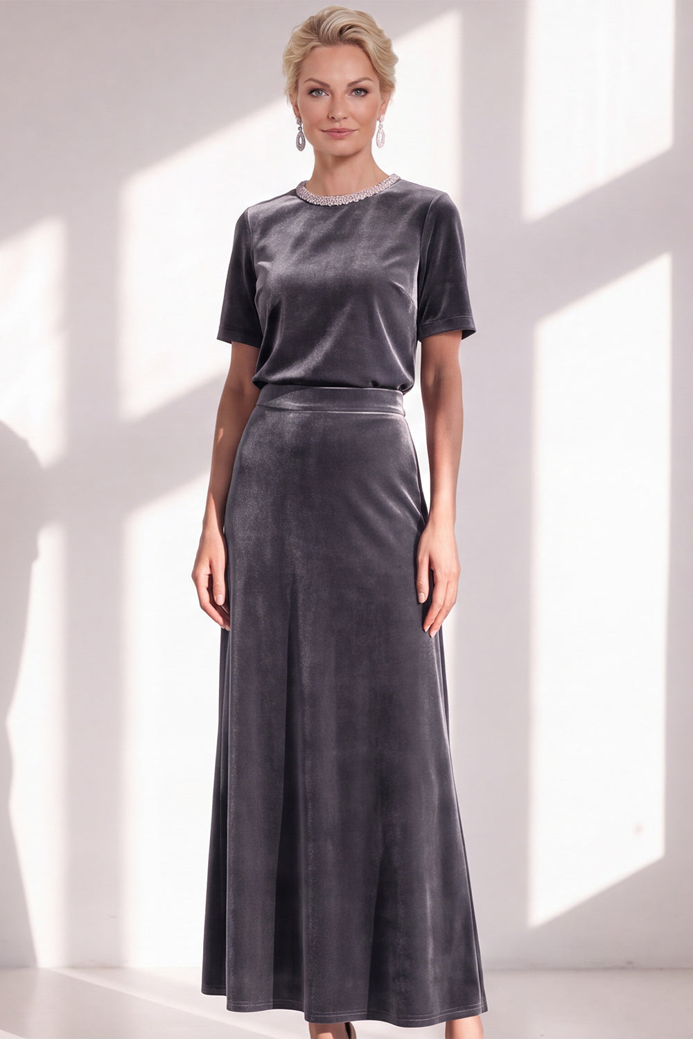 Coffee Velvet A Line Beaded Round Neck Maxi Holiday Dress with Sleeves