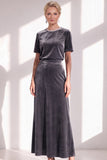 Coffee Velvet A Line Beaded Round Neck Maxi Holiday Dress with Sleeves