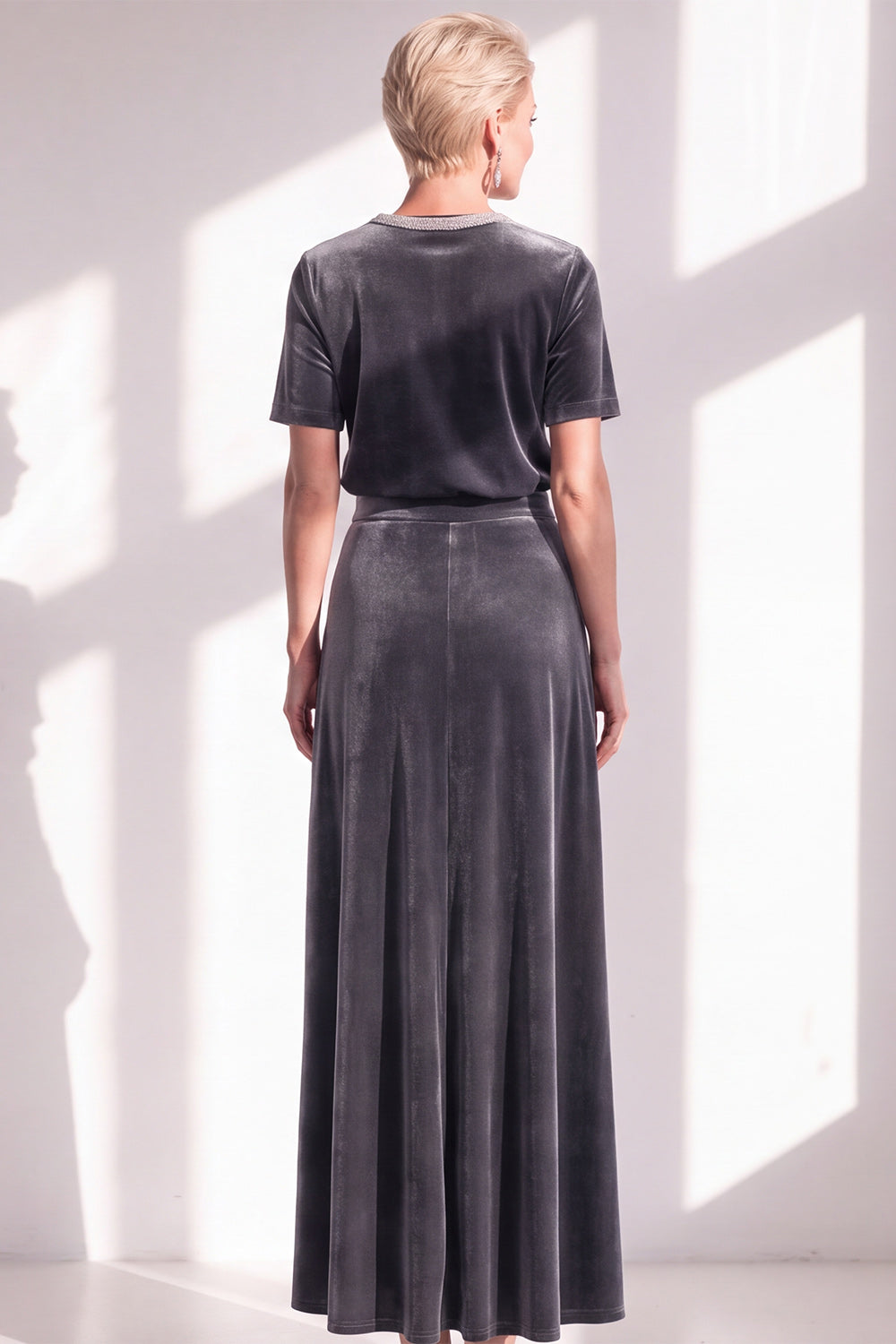 Coffee Velvet A Line Beaded Round Neck Maxi Holiday Dress with Sleeves