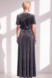 Coffee Velvet A Line Beaded Round Neck Maxi Holiday Dress with Sleeves