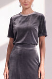 Coffee Velvet A Line Beaded Round Neck Maxi Holiday Dress with Sleeves