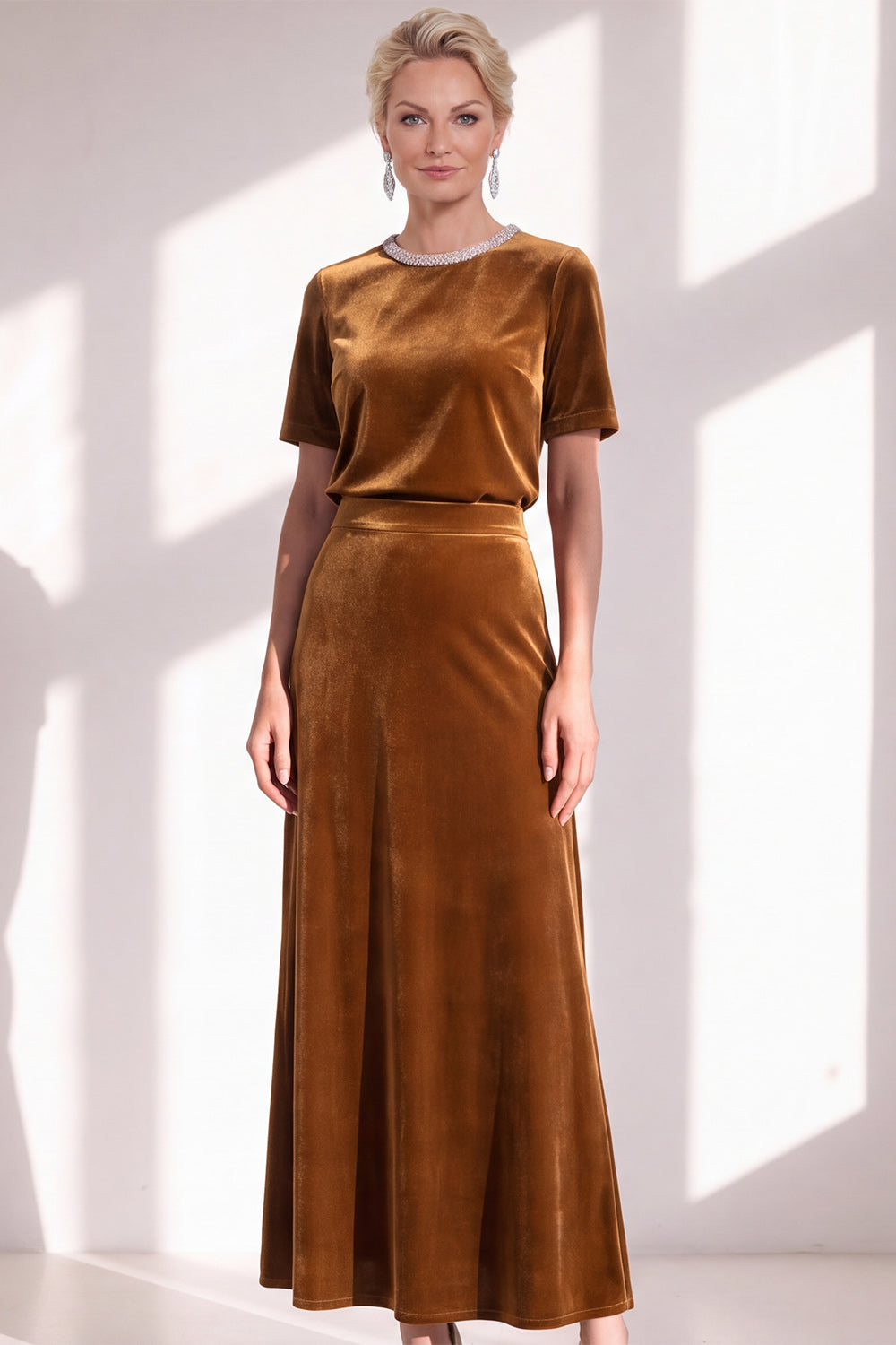 Coffee Velvet A Line Beaded Round Neck Maxi Holiday Dress with Sleeves