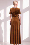 Coffee Velvet A Line Beaded Round Neck Maxi Holiday Dress with Sleeves