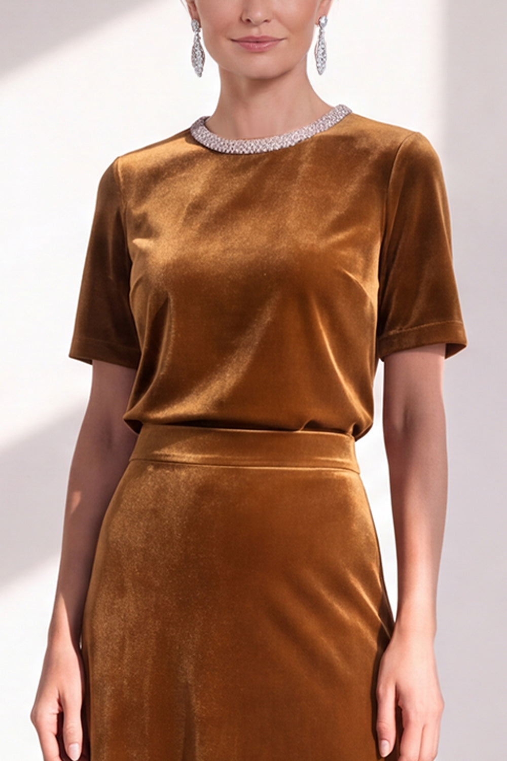 Coffee Velvet A Line Beaded Round Neck Maxi Holiday Dress with Sleeves