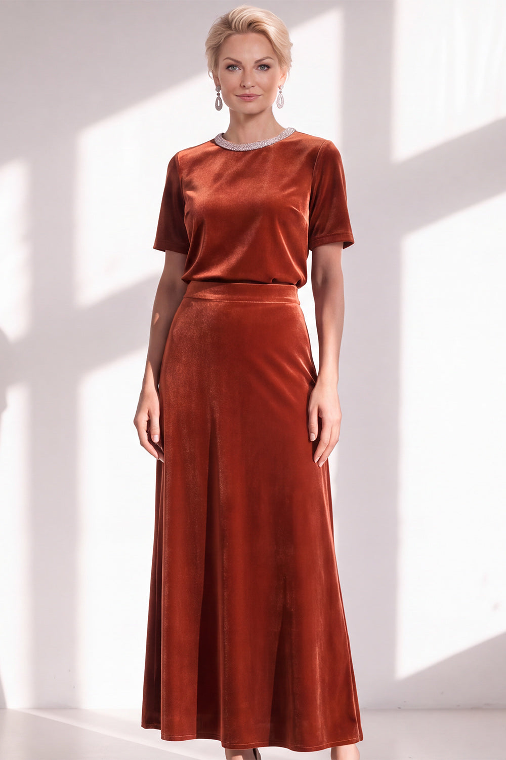 Coffee Velvet A Line Beaded Round Neck Maxi Holiday Dress with Sleeves