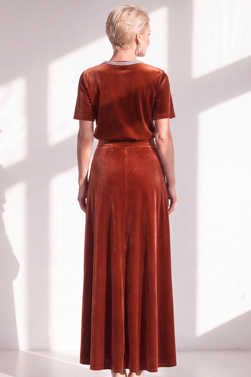 Coffee Velvet A Line Beaded Round Neck Maxi Holiday Dress with Sleeves