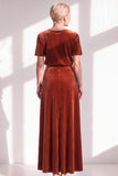 Coffee Velvet A Line Beaded Round Neck Maxi Holiday Dress with Sleeves