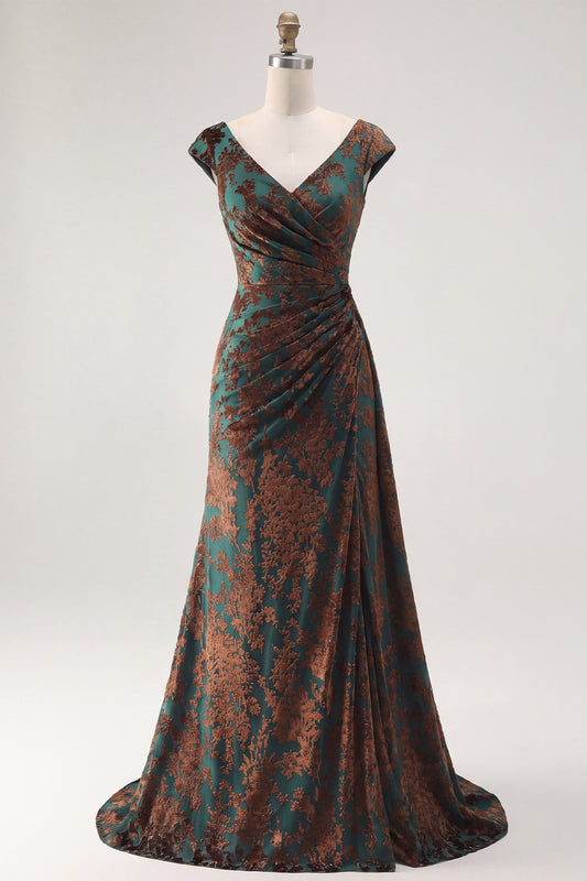 Dark Green Floral V-Neck Ruched Long Velvet Holiday Dress