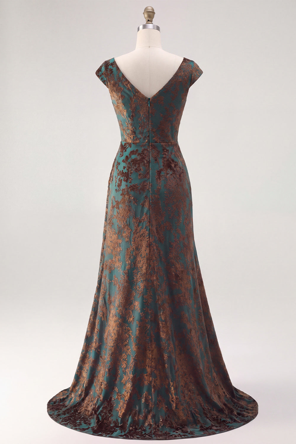 Dark Green Floral V-Neck Ruched Long Velvet Holiday Dress