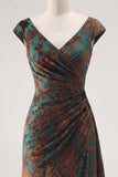 Dark Green Floral V-Neck Ruched Long Velvet Holiday Dress