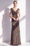 Dark Green Floral V-Neck Ruched Long Velvet Holiday Dress