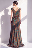 Dark Green Floral V-Neck Ruched Long Velvet Holiday Dress
